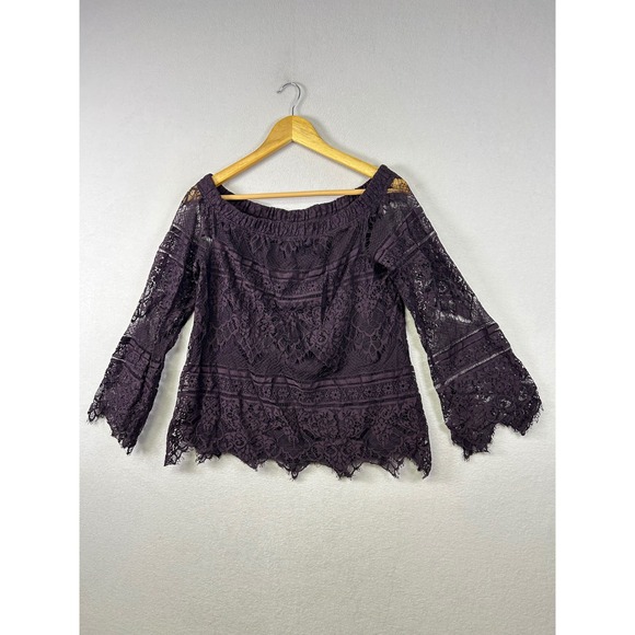 APT 9 Purple Lace Off Shoulder Long Sleeve Bell Sleeve Top Blouse Womens M - Picture 9 of 9